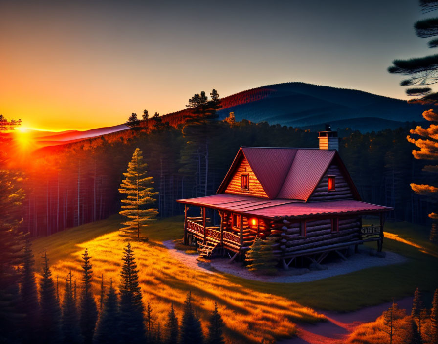 Sunrise scene of log cabin in forest with warm glow and stretching shadows