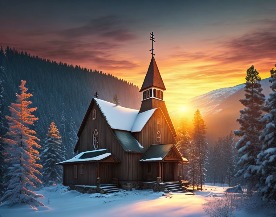 Snow-covered wooden church at sunrise with surrounding trees and mountains.