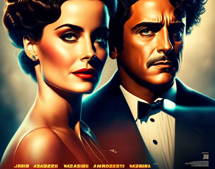 Vintage Hollywood Glamour Artwork of Man and Woman in Formal Attire