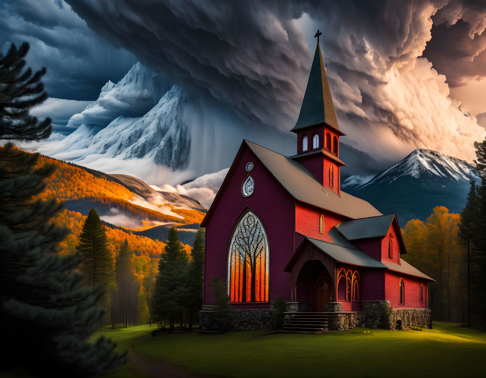 Rustic red church with steeple against mountain backdrop and dramatic sky