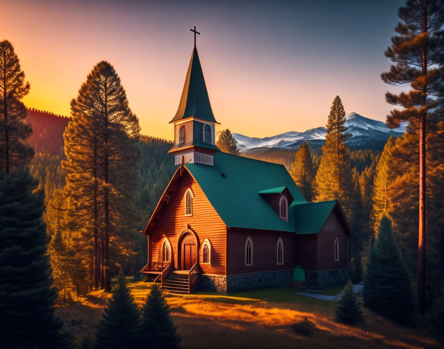 Church with steeple in sunset glow, framed by trees and mountains