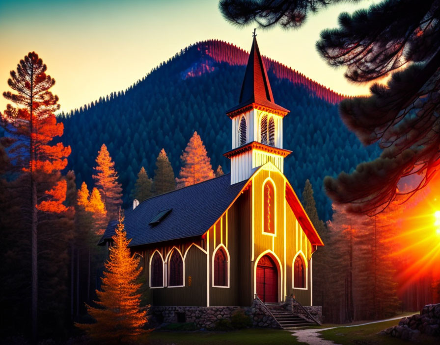 Scenic church with red door in pine forest mountains at sunset