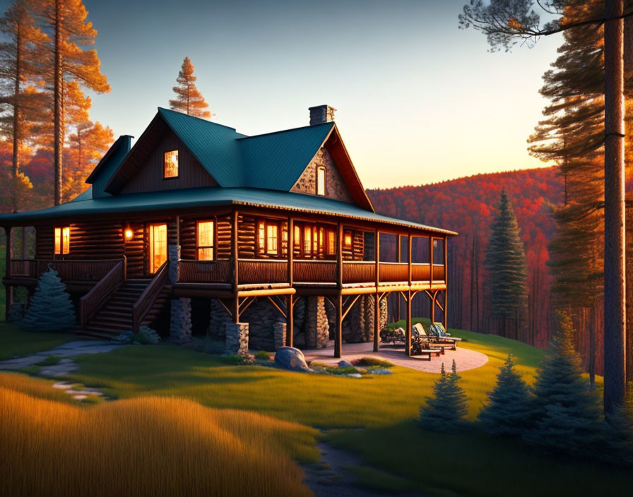 Rustic wooden cabin with large porch in forest clearing at sunset