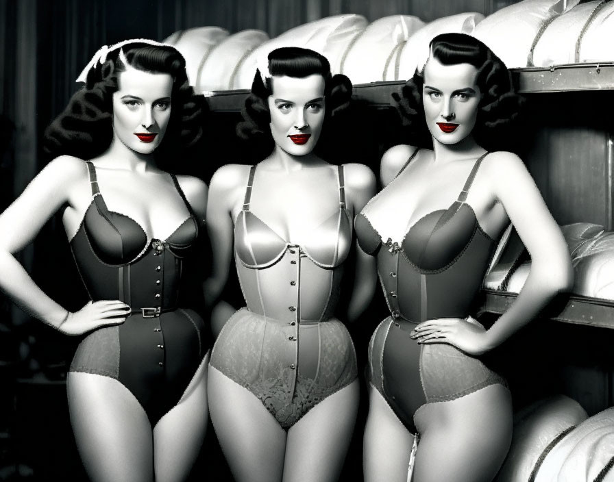 Vintage lingerie: Three women pose in monochrome retro aesthetic