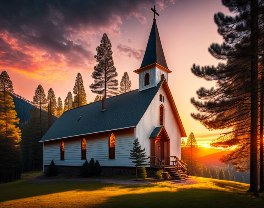 White facade church in forest at sunset with warm light and long shadows