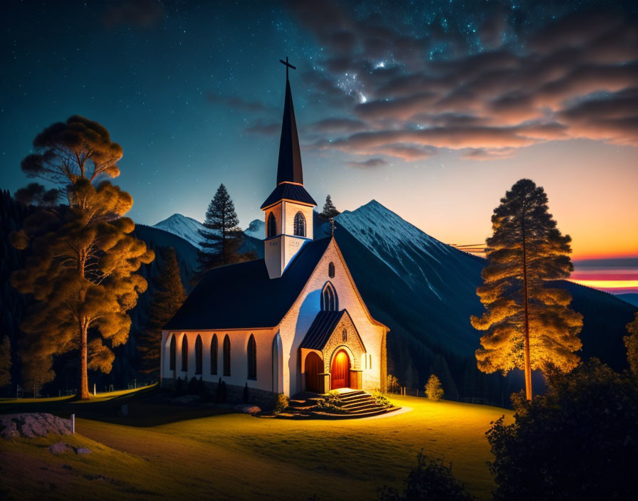 Twilight sky church with illuminated windows and mountains