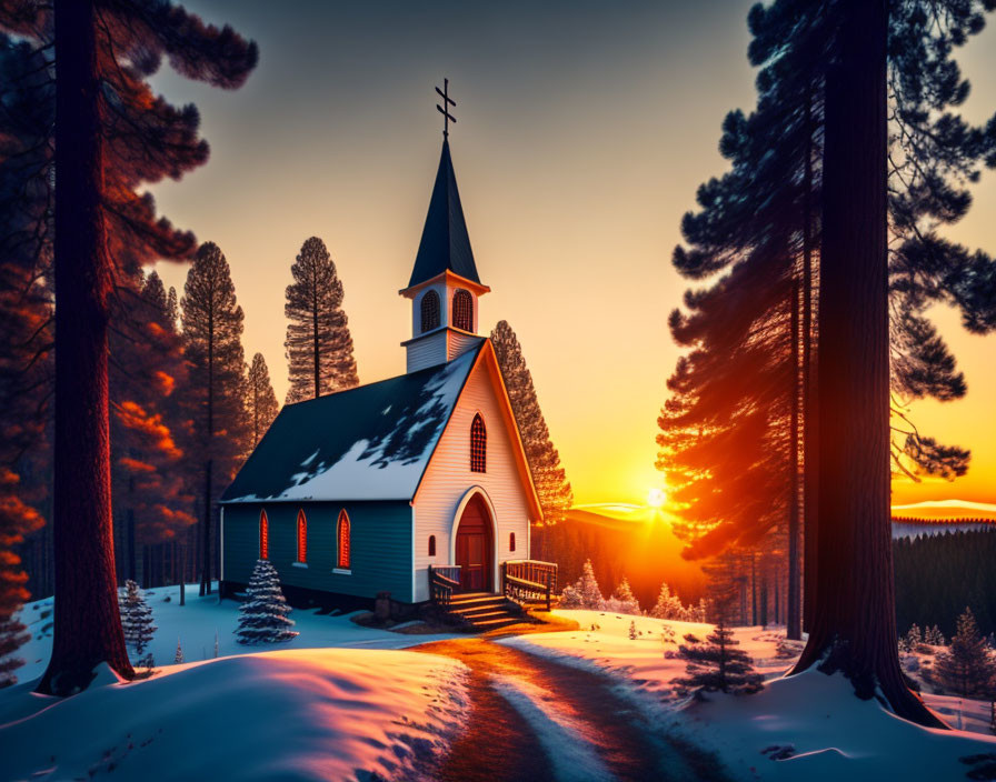 White Church with Steeple in Snowy Sunset Scene