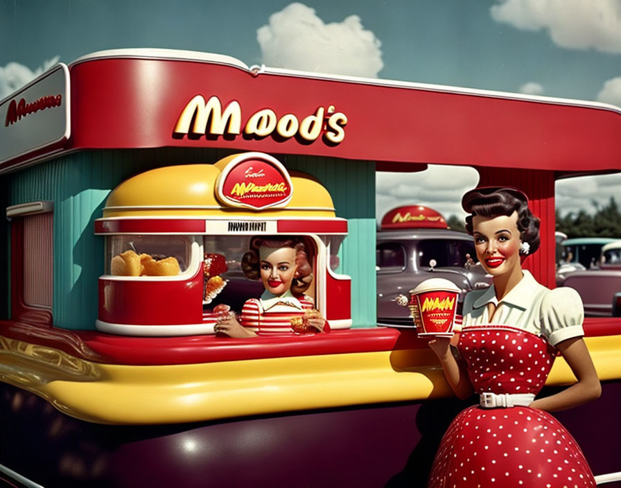 Illustration of smiling waitresses in vintage diner with classic cars.