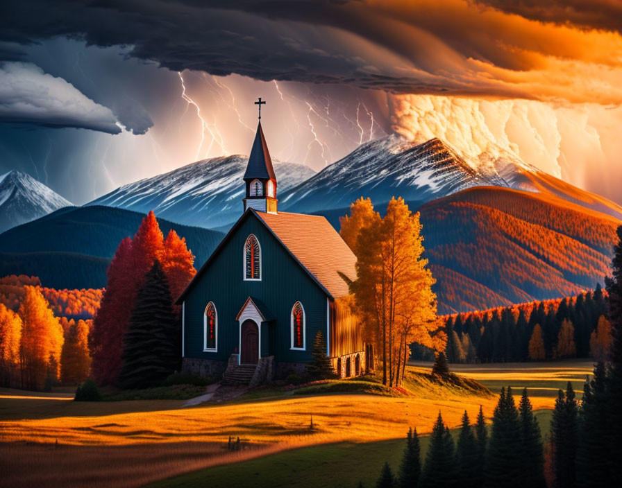 Autumn Church Scene with Dramatic Sky and Lightning