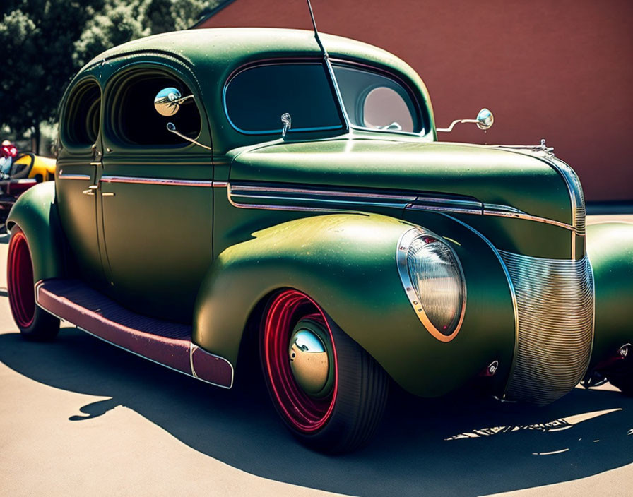 Vintage Green Car with Sleek Lines and Red Trimmed Wheels in Sunny Photo