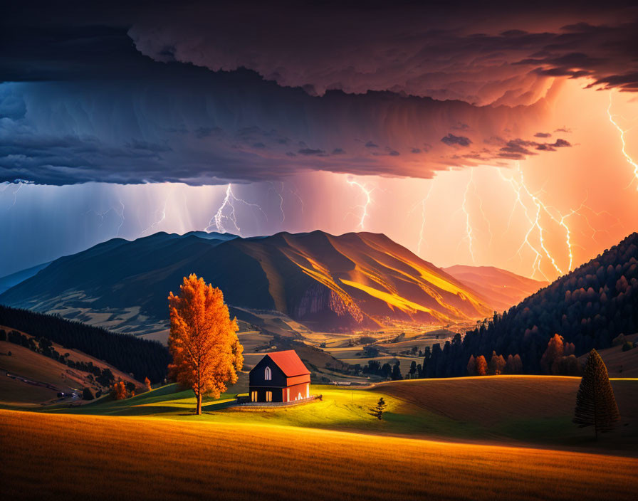 Autumn landscape with lone tree, house, lightning, and hills