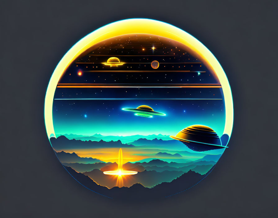 Colorful circular space illustration with planets, stars, spaceship, and mountains.