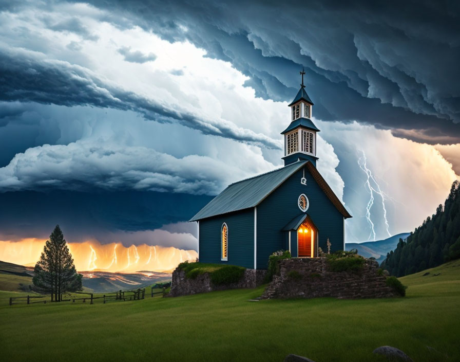 Blue church under stormy sky with lightning and warm horizon