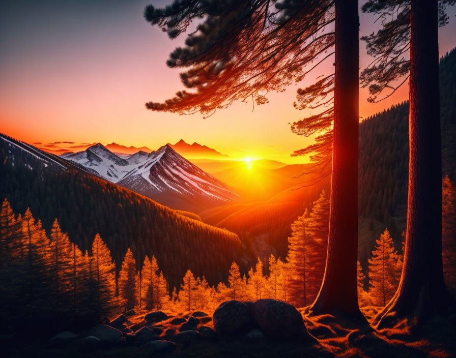 Colorful sunset over forest and mountains with tall pine silhouettes