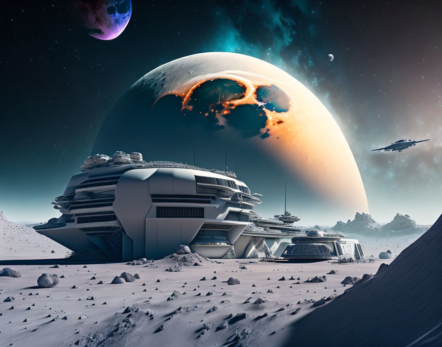 Futuristic sci-fi scene: domed building, alien snowy landscape, massive planet and moons,