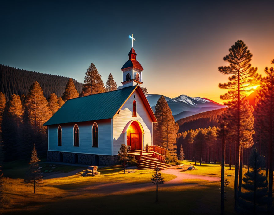 Small Church with Red Roof in Forested Landscape at Sunset