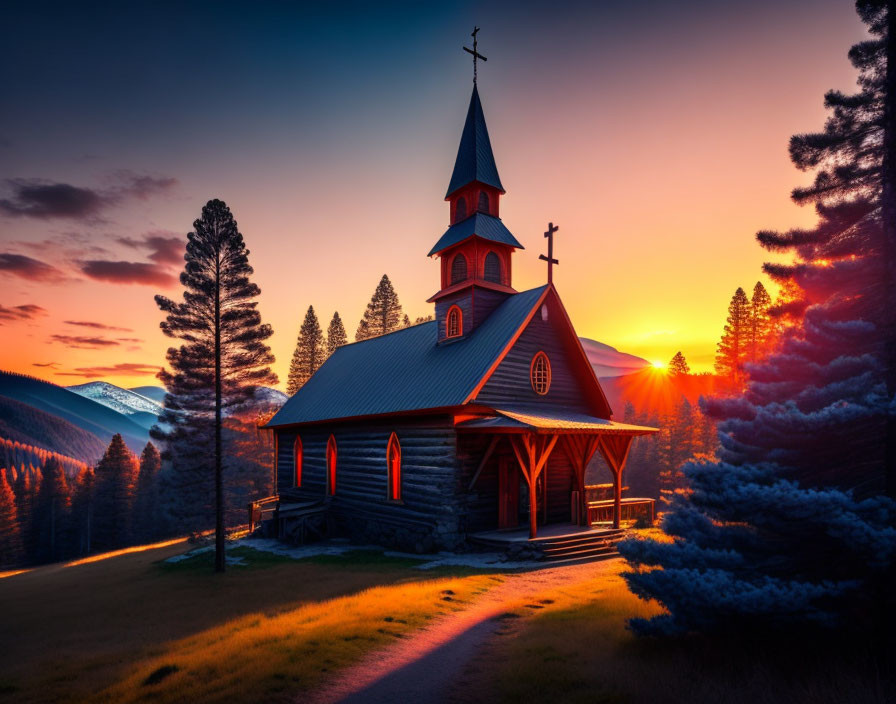 Tranquil sunset scene at wooden church in mountainous landscape