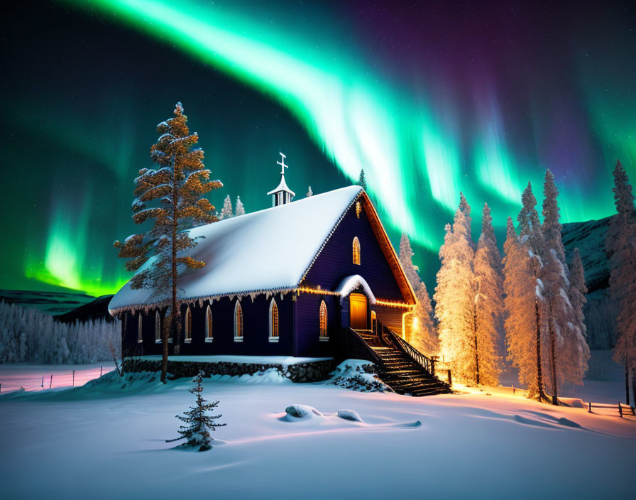 Snowy Pine Trees Surrounding Chapel Under Vibrant Aurora Borealis