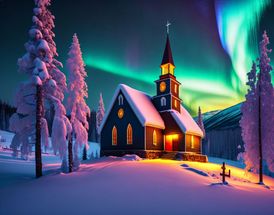 Snowy landscape with church under Northern Lights