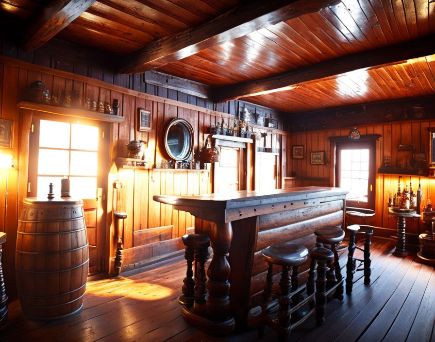 Cozy Wooden Cabin Interior with Bar Counter and Vintage Decor