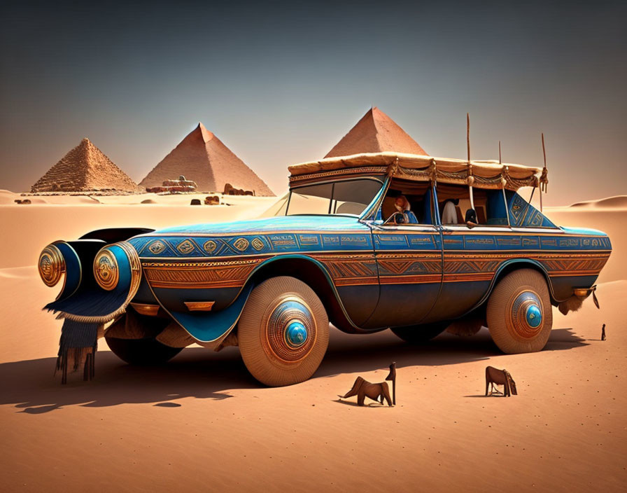 Vintage car with Egyptian designs in desert with pyramids, person, and dogs