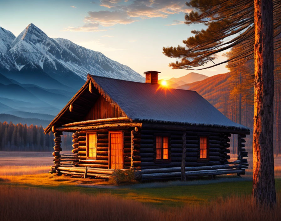 Rustic log cabin with glowing windows in mountain sunset