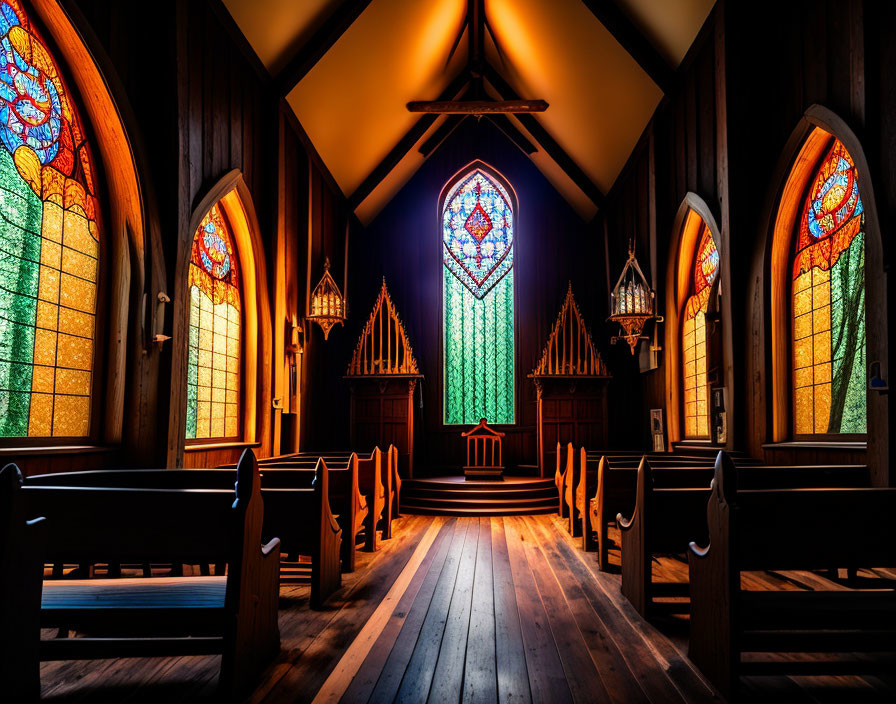 Ornate Stained Glass Windows Illuminate Chapel Interior