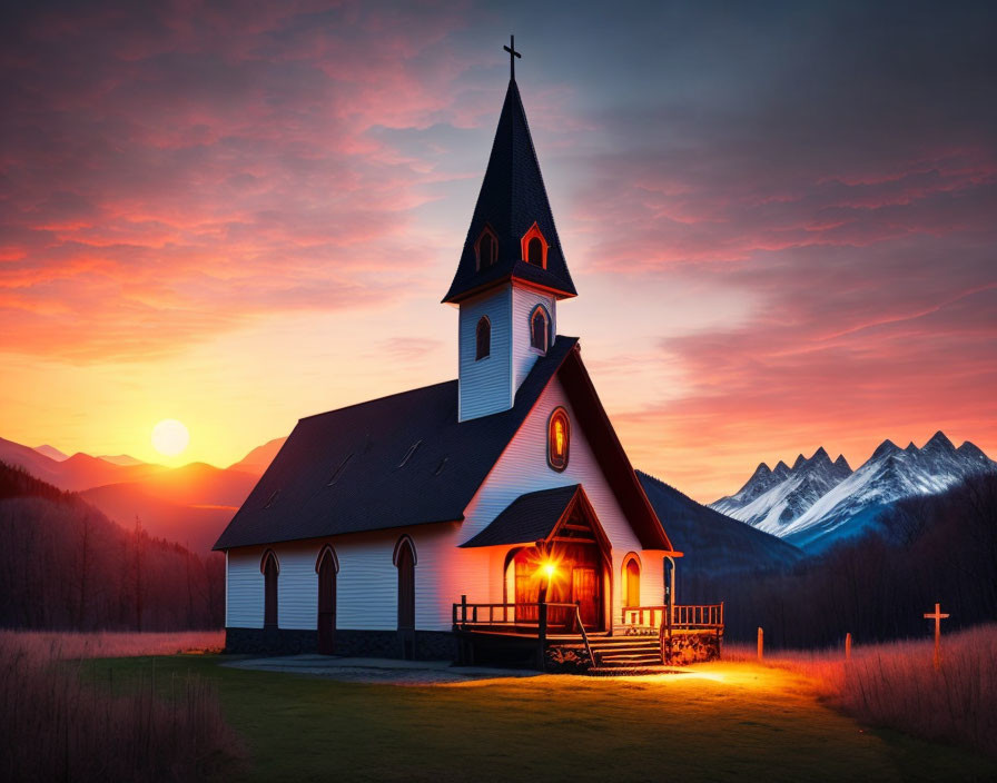 White church with steeple in snowy mountain sunrise