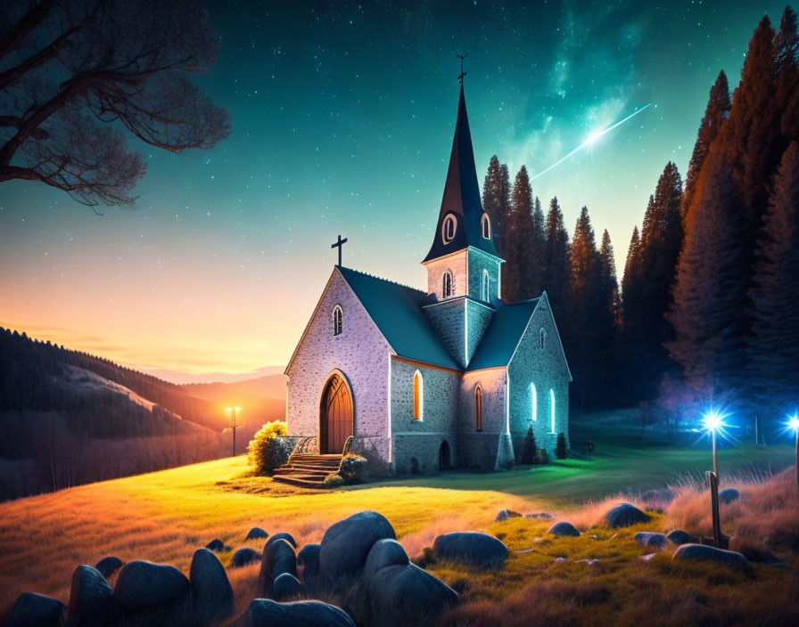 Quaint church with illuminated windows under starry sky at dusk