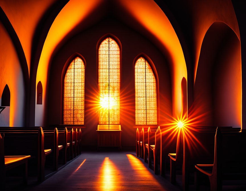 Stained glass windows in church cast orange glow over empty pews