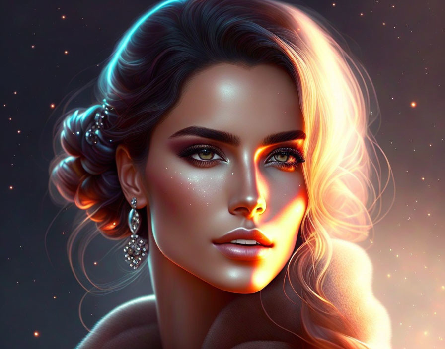 Digital portrait of woman with luminous skin and hazel eyes