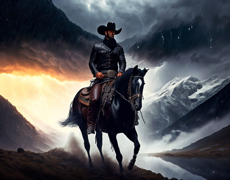 Cowboy on Black Horse in Dramatic Mountain Storm