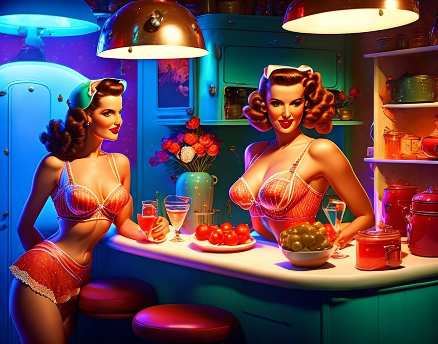 Vibrant retro kitchen with pin-up styled women, vintage appliances