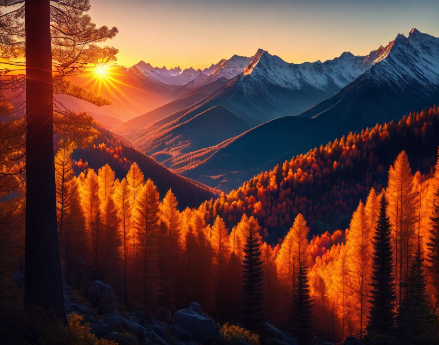 Scenic sunset over mountain landscape with autumn forest and snow-capped peaks