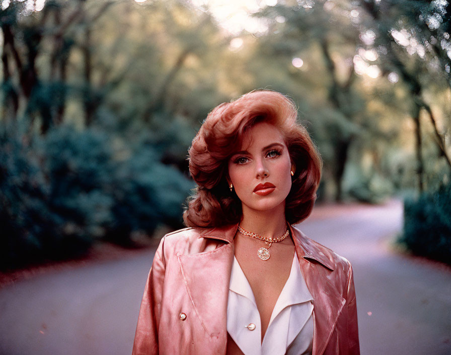 Woman with voluminous hair and bold makeup in pink blazer on tree-lined path