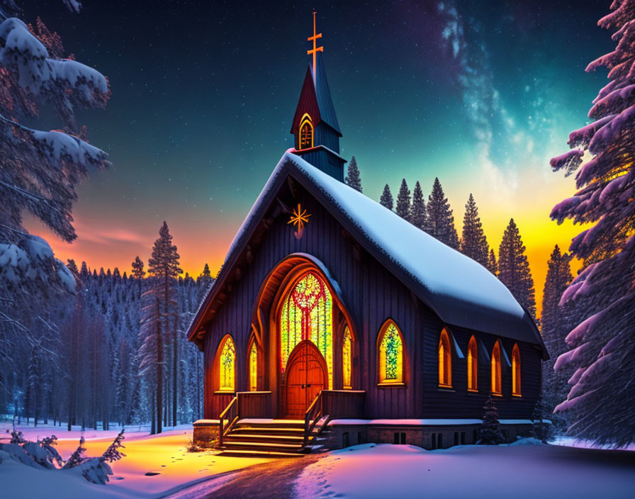 Snowy landscape church with illuminated stained-glass windows & starry sky.