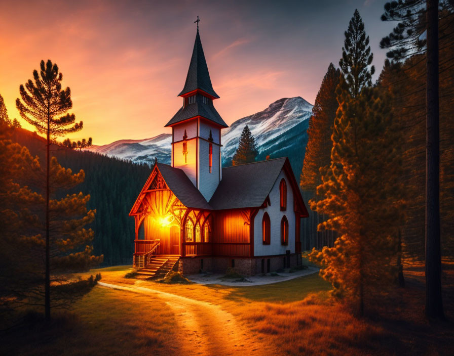 Church with tall steeple in forest at sunset.