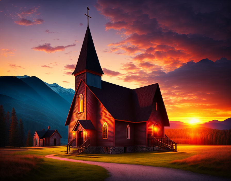 Scenic sunset over wooden church with tall steeple amid mountains