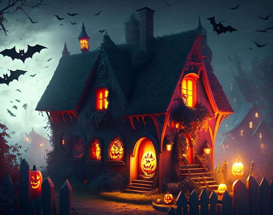 Spooky Halloween-themed image: Haunted house, jack-o'-lanterns, bat-infested