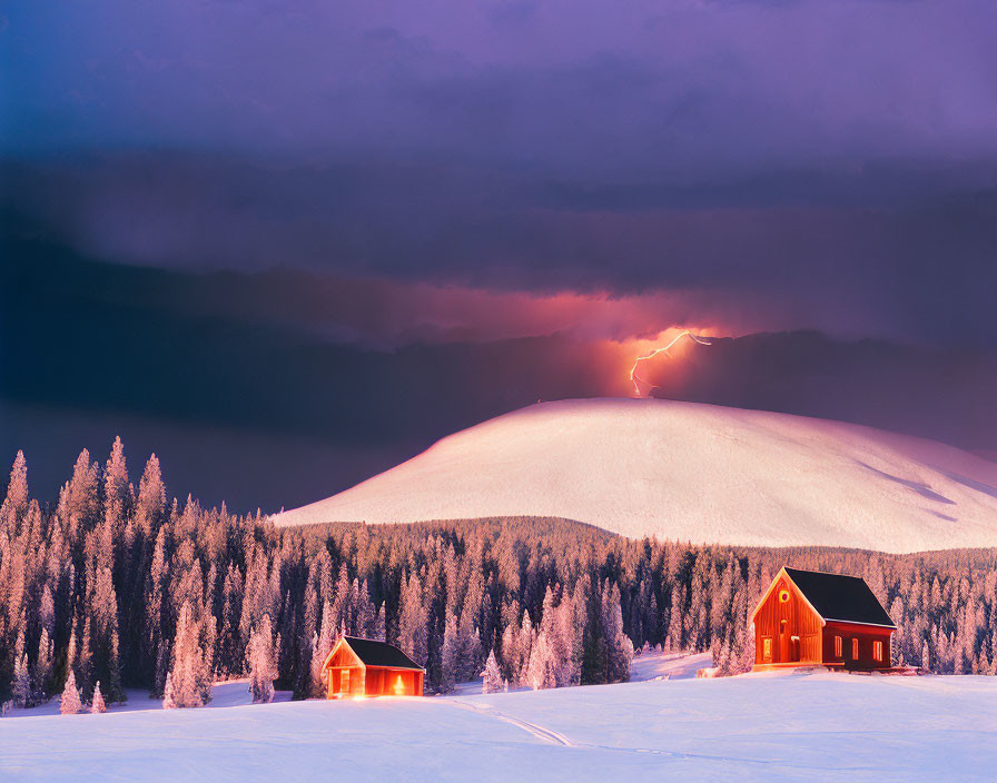 Snowy Dusk Landscape: Lightning, Hill, Cabins, Pine Trees