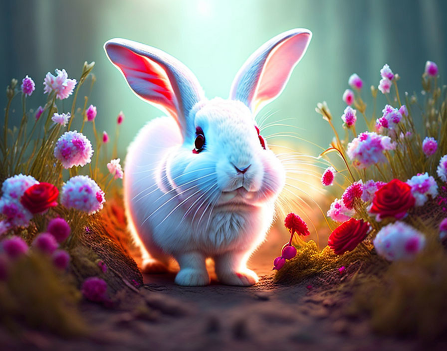 Whimsical white rabbit surrounded by glowing flowers in a dreamy forest