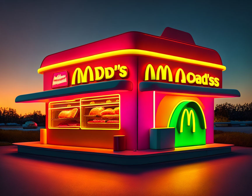 Neon-Lit Stylized Fast-Food Restaurant Concept at Twilight