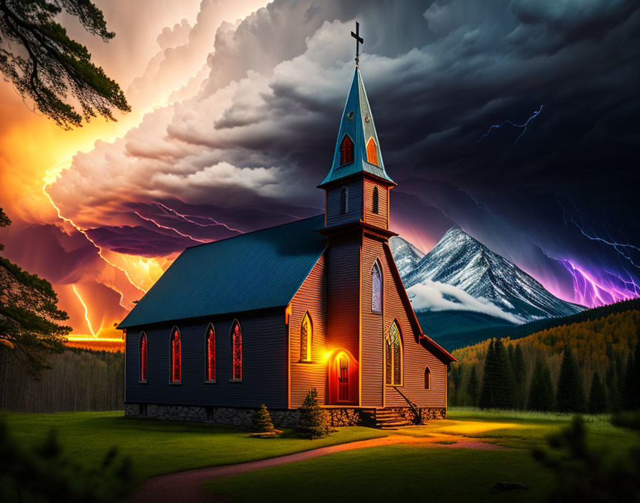 Scenic church with illuminated windows under dramatic sky