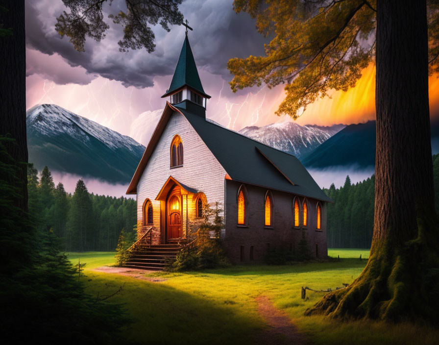 White Church Interior Illuminated by Sunset Against Mountain Backdrop