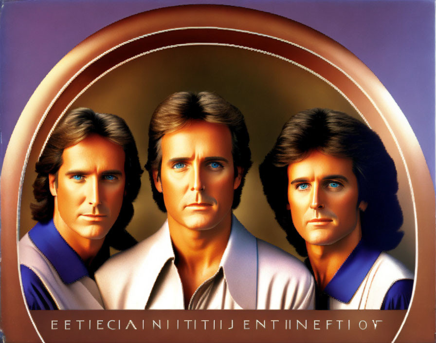 Illustrated portrait of three identical men with intense gazes in circular border.