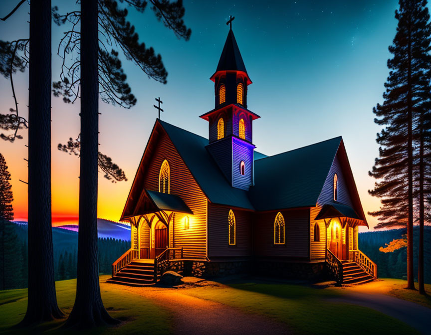 Twilight sky over illuminated church in forest