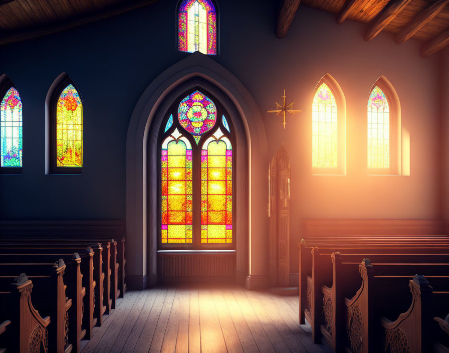 Tranquil church interior with colorful stained glass windows