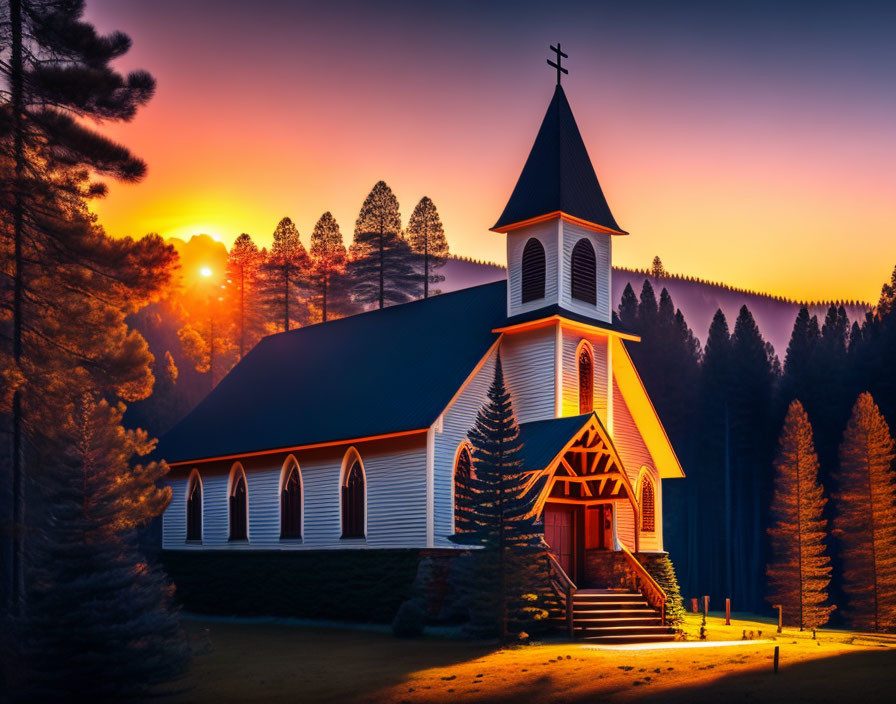 Wooden church with steeple in vibrant sunset forest scene