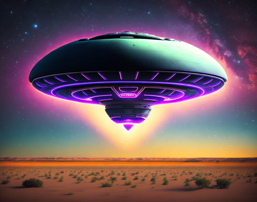 Futuristic UFO over desert emits purple light at twilight