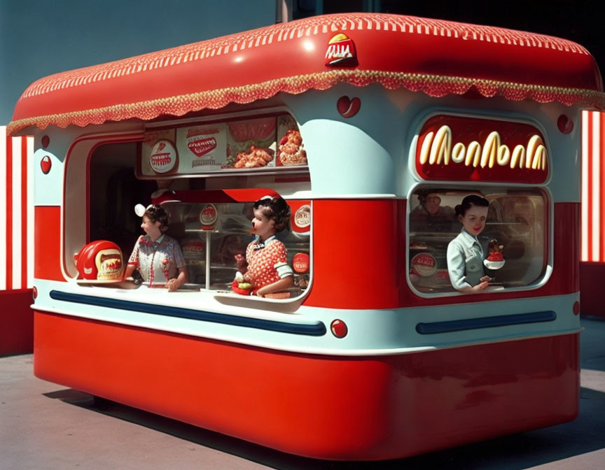 Miniature diner replica with people in vibrant red & white, "Mamamia" brand